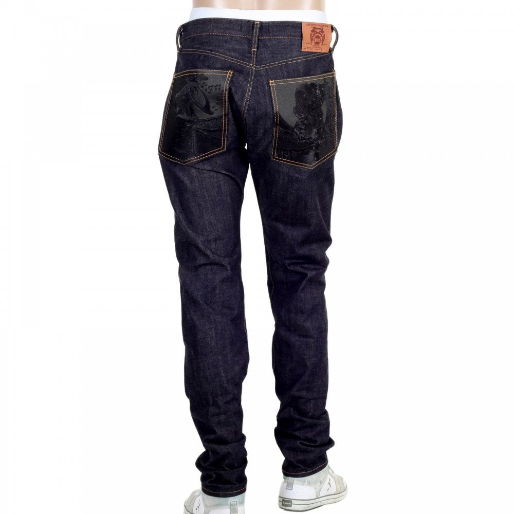 Slim Model Indigo Raw Selvedge Denim Jeans with Black Bushi Embroidery