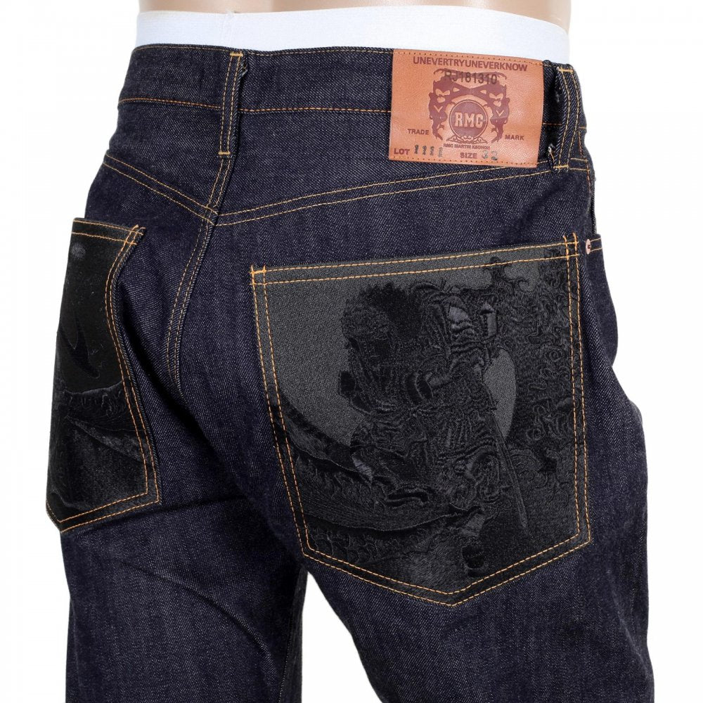 Slim Model Indigo Raw Selvedge Denim Jeans with Black Bushi Embroidery