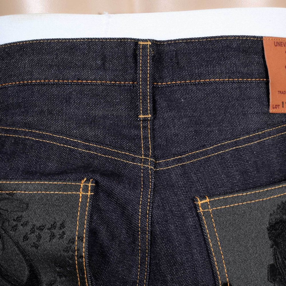 Slim Model Indigo Raw Selvedge Denim Jeans with Black Bushi Embroidery