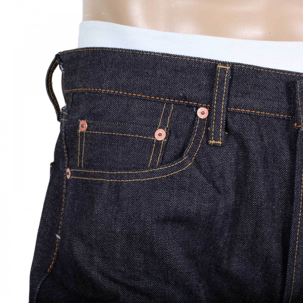 Slim Model Indigo Raw Selvedge Denim Jeans with Black Bushi Embroidery