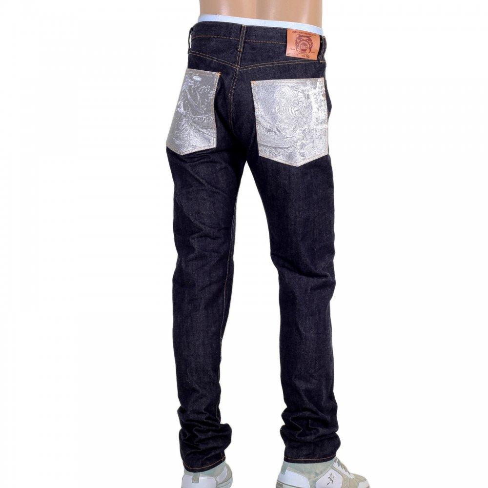Indigo Raw Japanese Selvedge Denim Jeans with Silver Bushi Embroidery