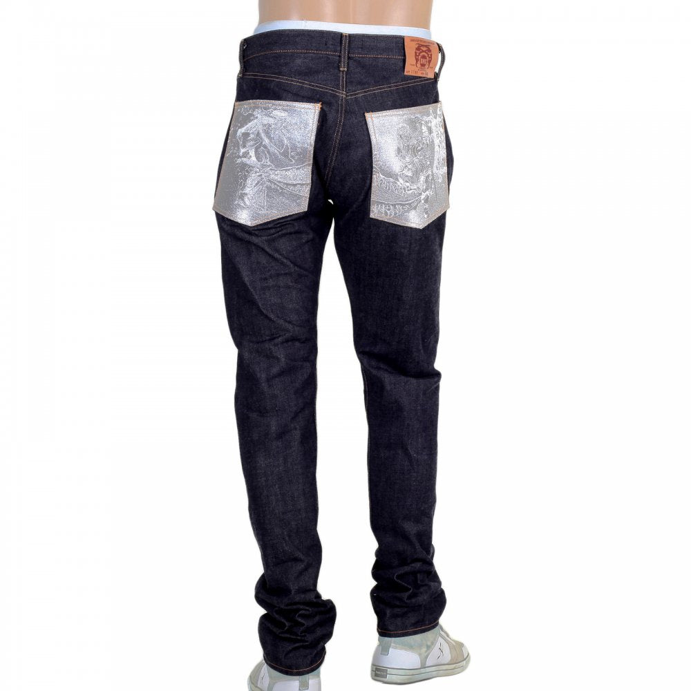 Indigo Raw Japanese Selvedge Denim Jeans with Silver Bushi Embroidery