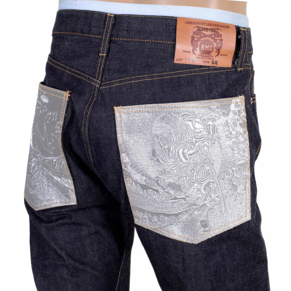 Indigo Raw Japanese Selvedge Denim Jeans with Silver Bushi Embroidery