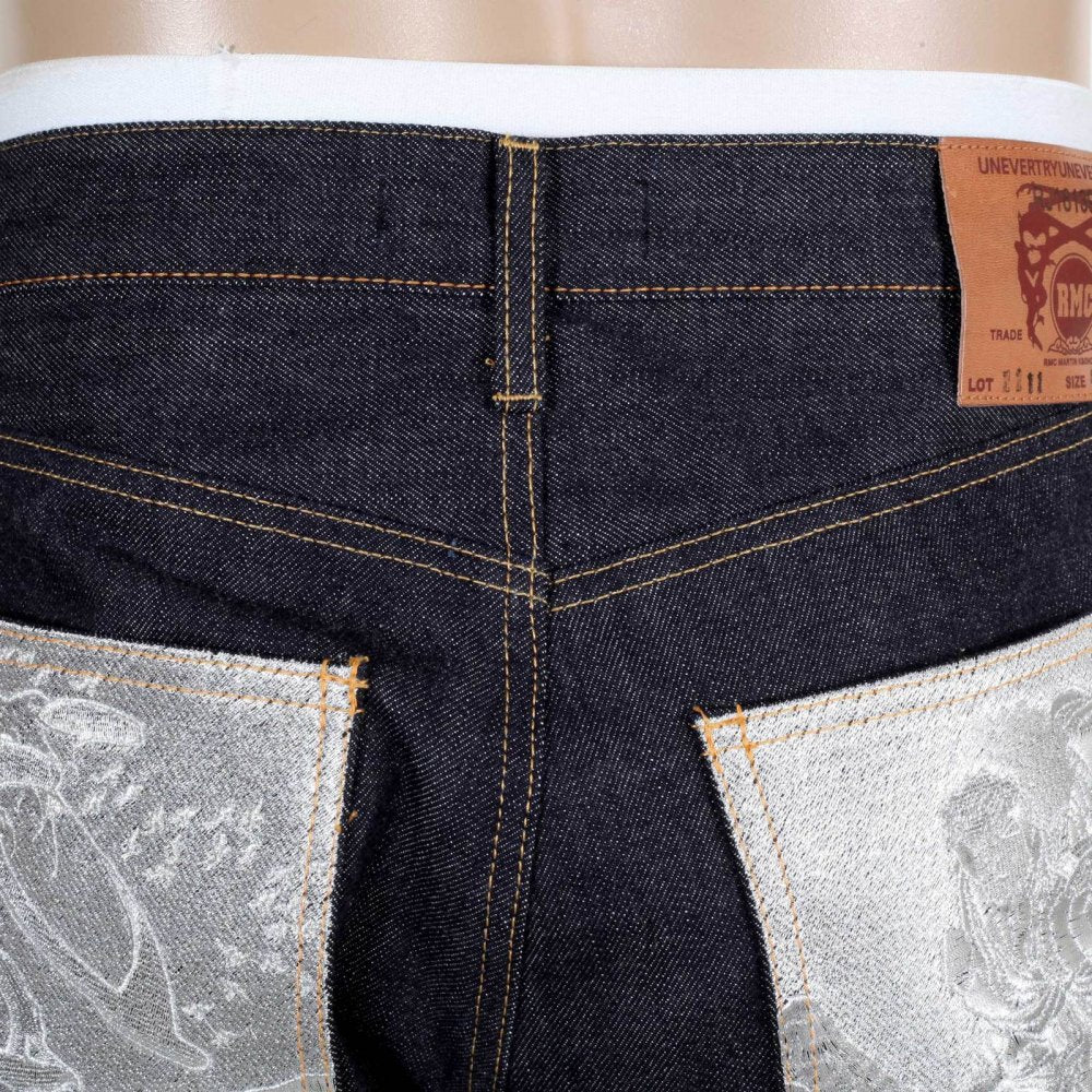 Indigo Raw Japanese Selvedge Denim Jeans with Silver Bushi Embroidery