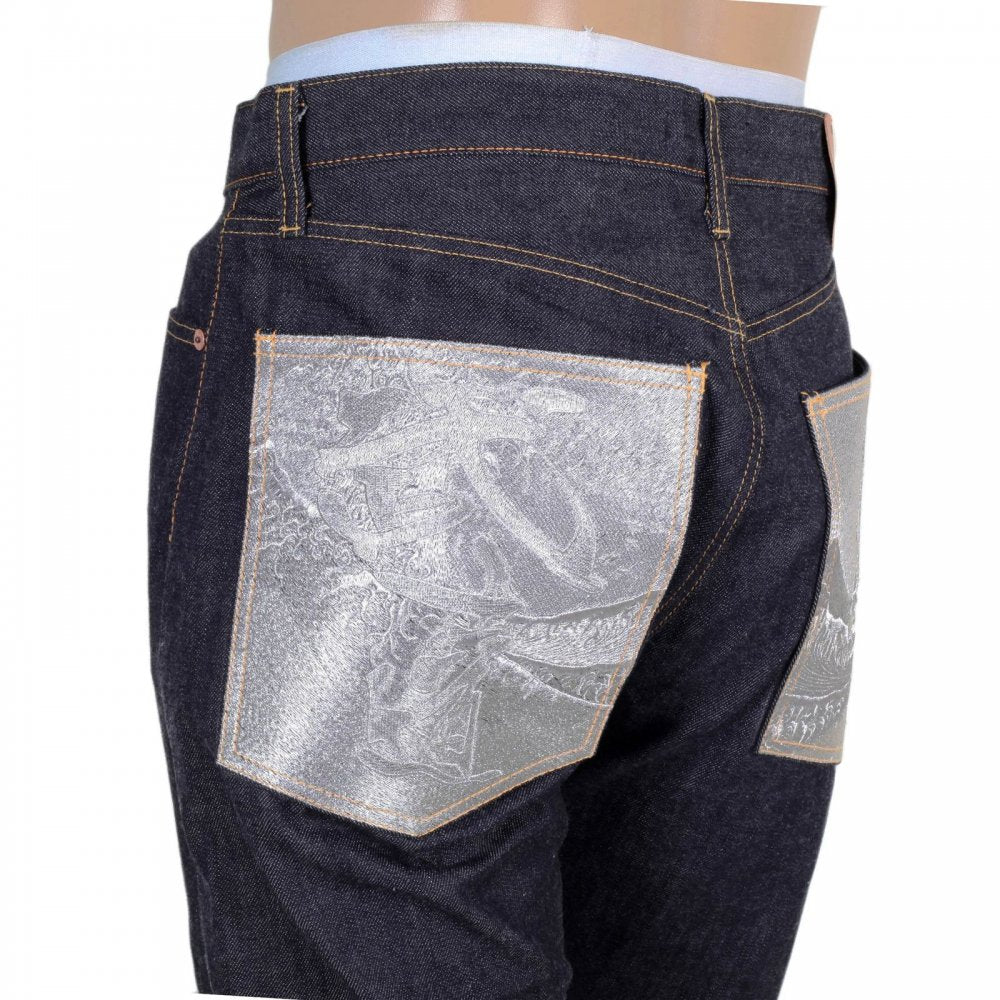 Indigo Raw Japanese Selvedge Denim Jeans with Silver Bushi Embroidery