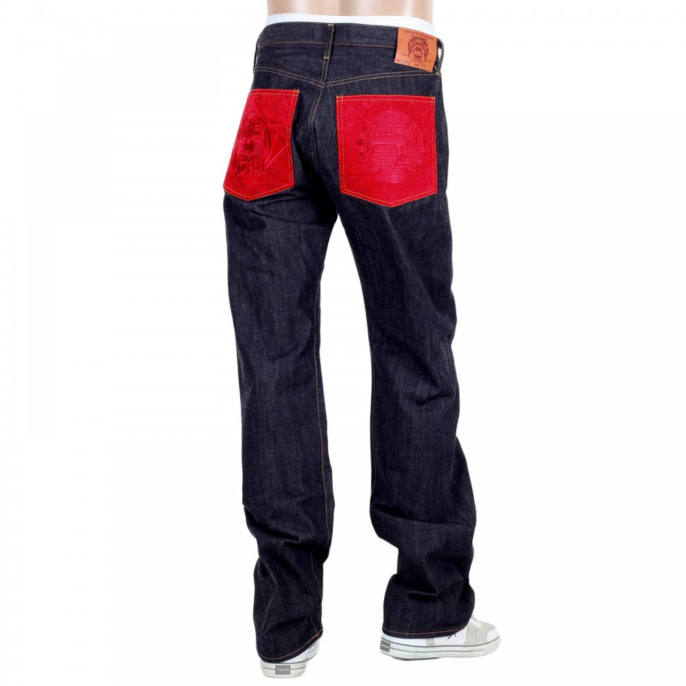 Japanese Selvedge Indigo Raw Denim Mens Jeans with Red Pockets