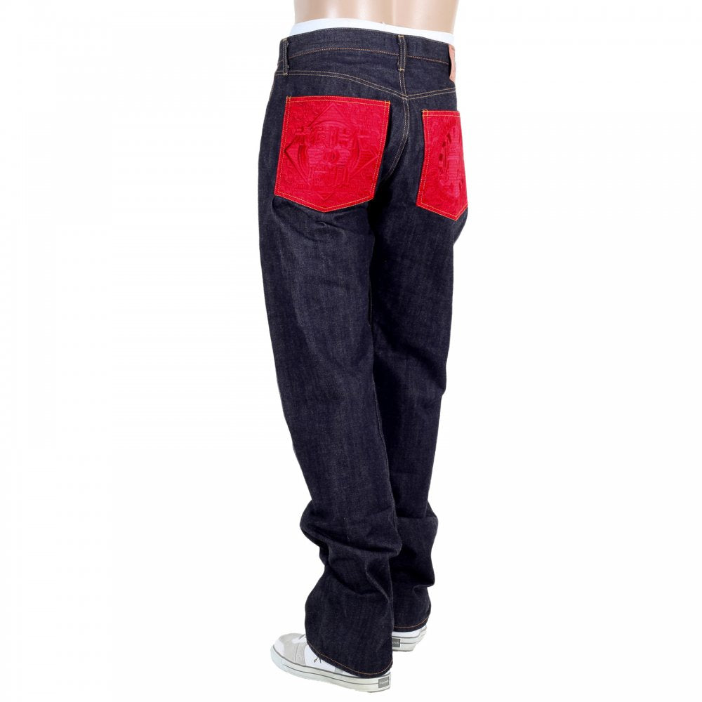 Japanese Selvedge Indigo Raw Denim Mens Jeans with Red Pockets