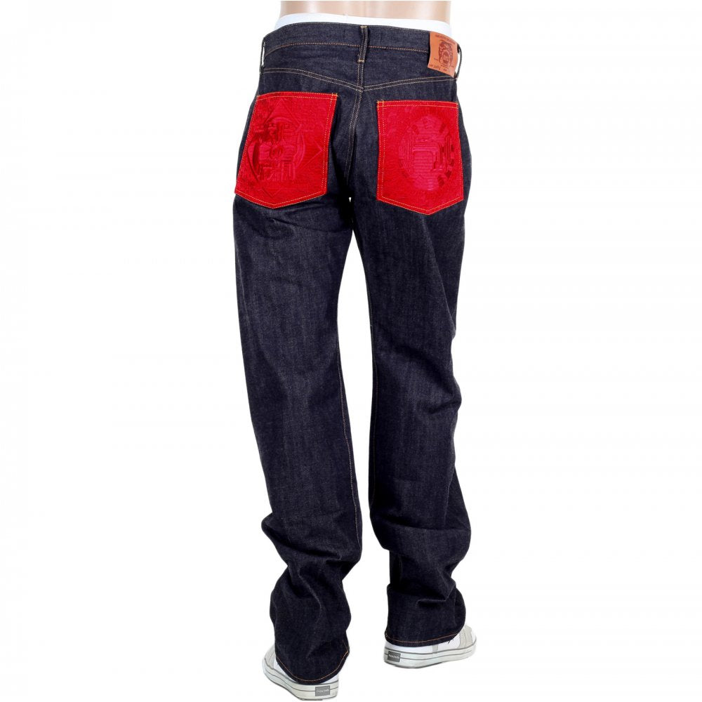Japanese Selvedge Indigo Raw Denim Mens Jeans with Red Pockets