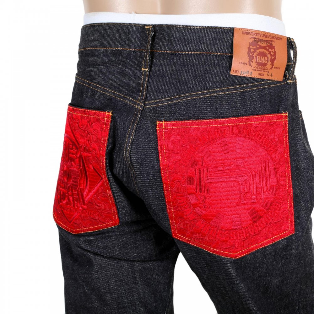 Japanese Selvedge Indigo Raw Denim Mens Jeans with Red Pockets
