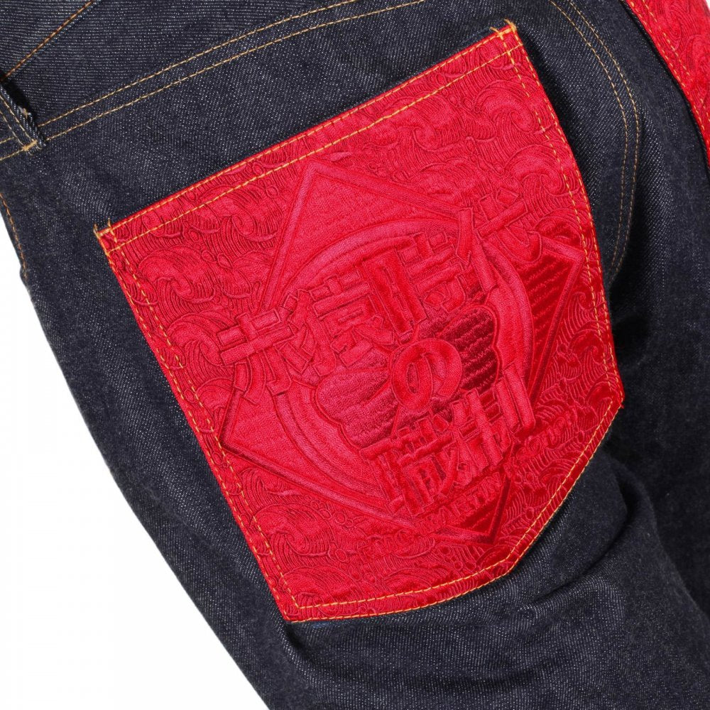 Japanese Selvedge Indigo Raw Denim Mens Jeans with Red Pockets