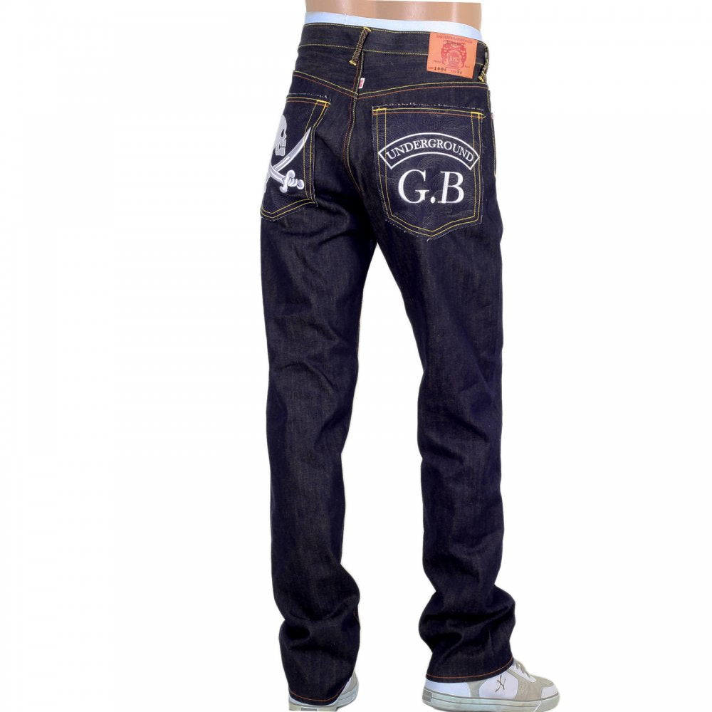 Mens Dark Indigo Raw Denim Japanese Selvedge Jean with Skull Underground GB Embroidery