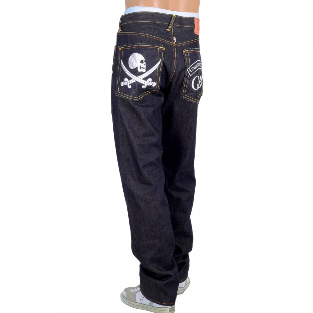 Mens Dark Indigo Raw Denim Japanese Selvedge Jean with Skull Underground GB Embroidery