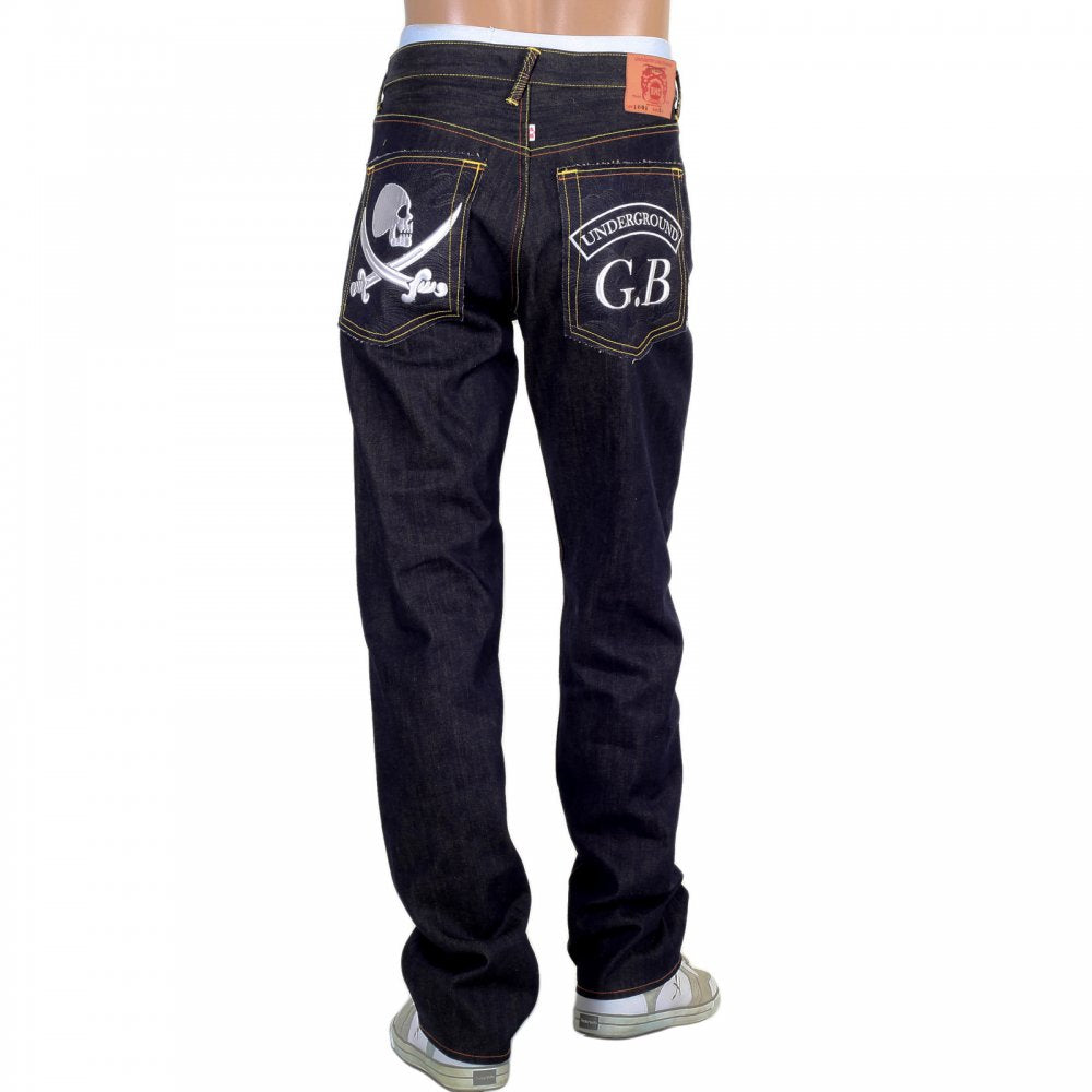 Mens Dark Indigo Raw Denim Japanese Selvedge Jean with Skull Underground GB Embroidery
