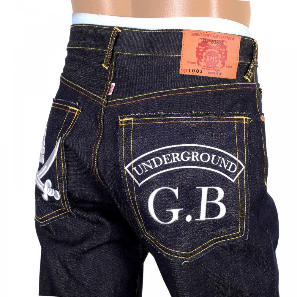 Mens Dark Indigo Raw Denim Japanese Selvedge Jean with Skull Underground GB Embroidery