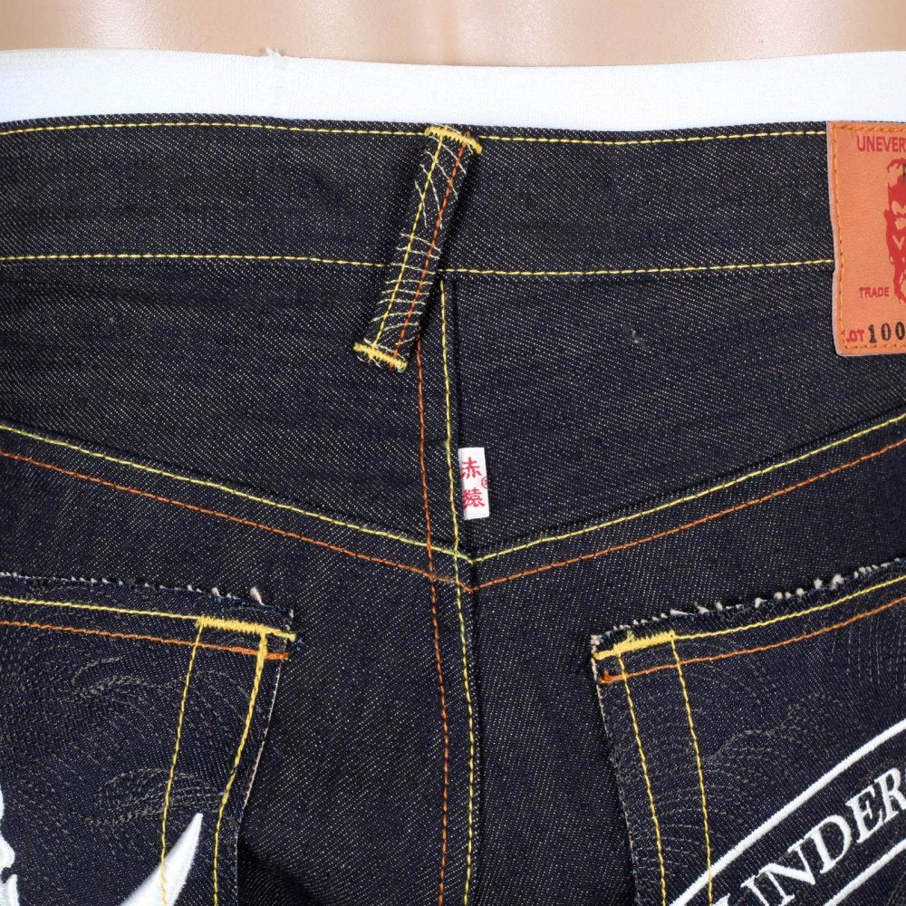 Mens Dark Indigo Raw Denim Japanese Selvedge Jean with Skull Underground GB Embroidery