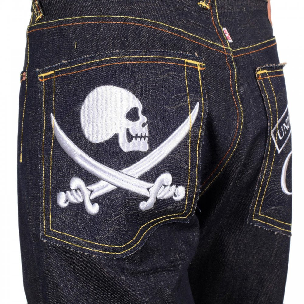 Mens Dark Indigo Raw Denim Japanese Selvedge Jean with Skull Underground GB Embroidery