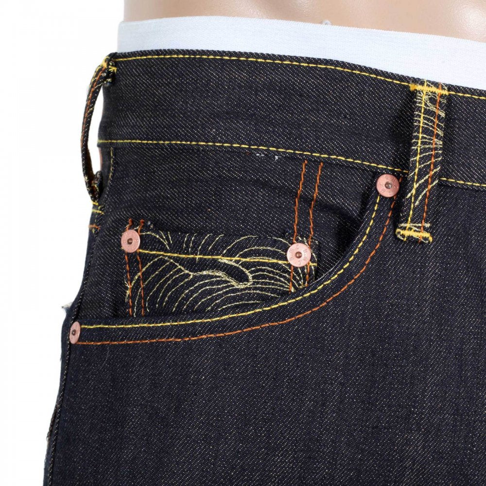 Mens Dark Indigo Raw Denim Japanese Selvedge Jean with Skull Underground GB Embroidery