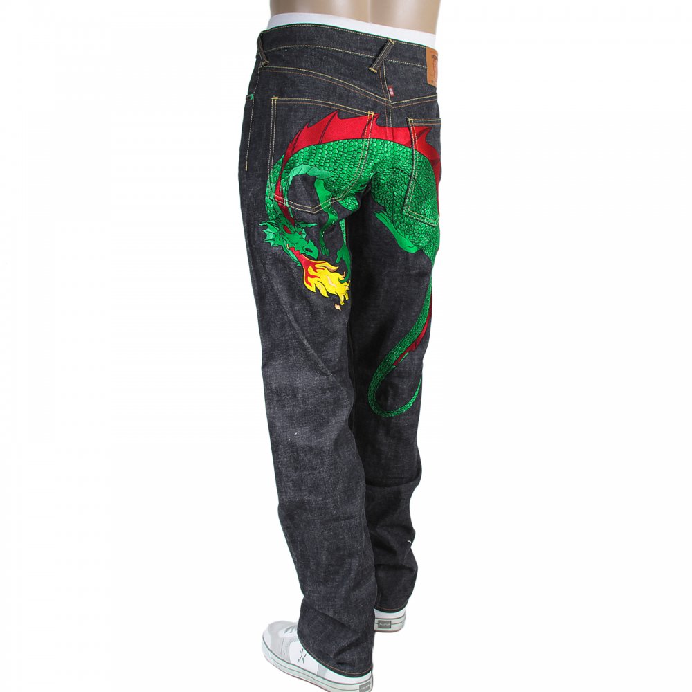 1001 Model Japanese Indigo Selvedge Raw Denim Jeans with Green and Red Embroidered Hungry Dragon