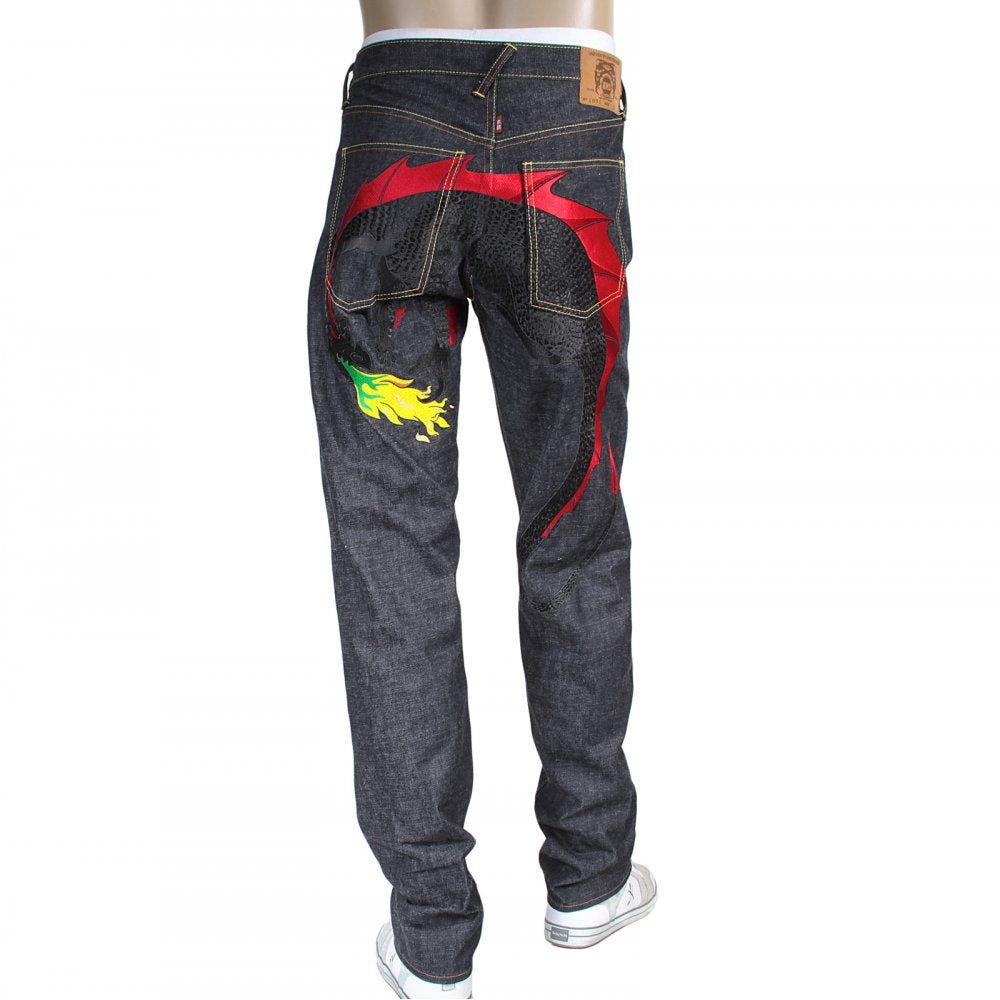 Hungry Dragon Embroidered Black Japanese Indigo Selvedge Raw Denim Jeans for Men
