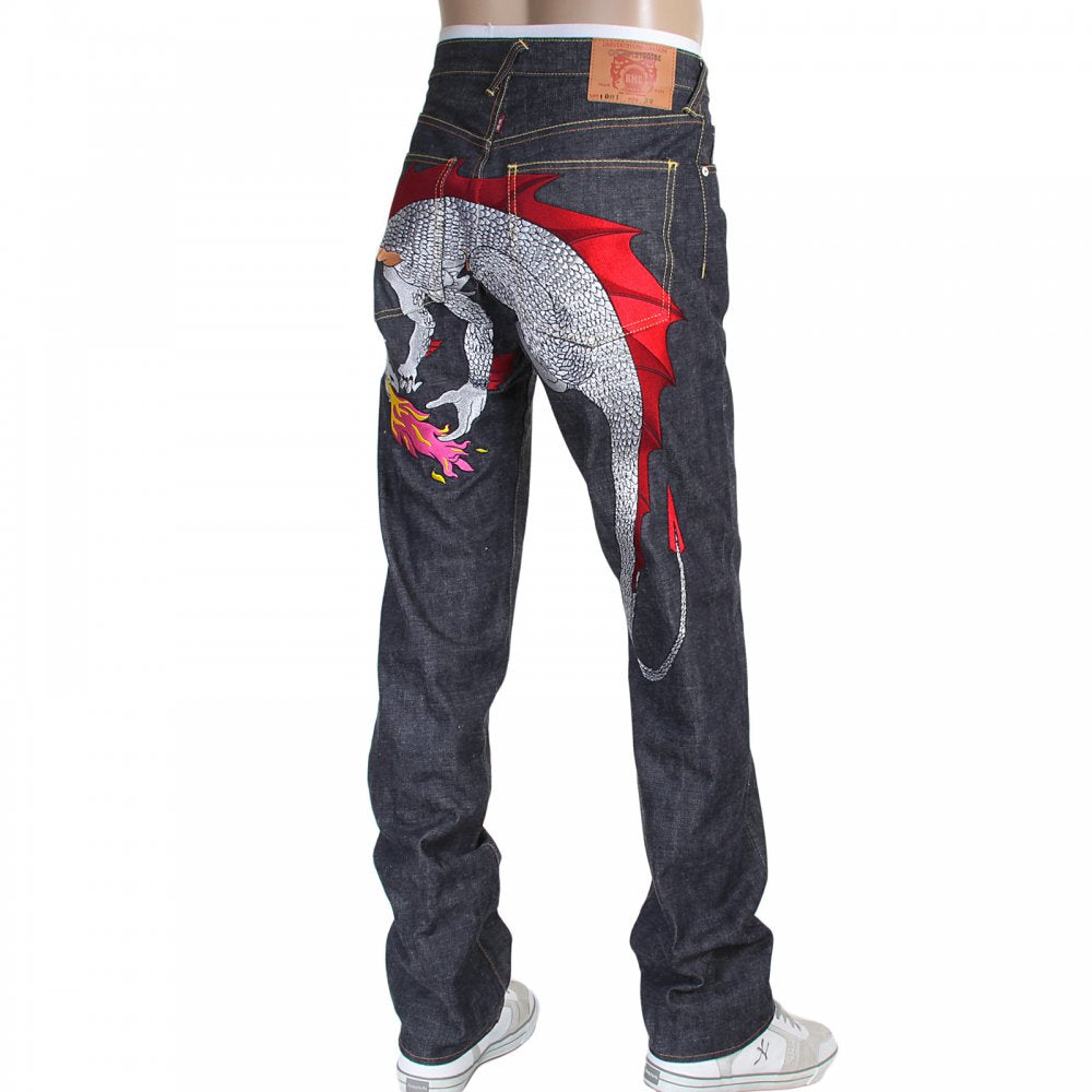 1001 Model Japanese Indigo Selvedge Raw Denim Jeans for Men with Silver and Red Embroidered Hungry Dragon