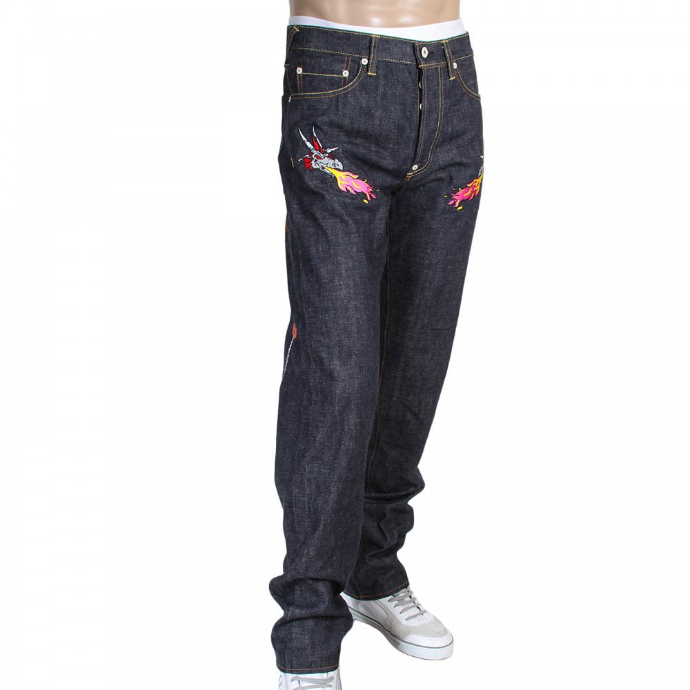 1001 Model Japanese Indigo Selvedge Raw Denim Jeans for Men with Silver and Red Embroidered Hungry Dragon