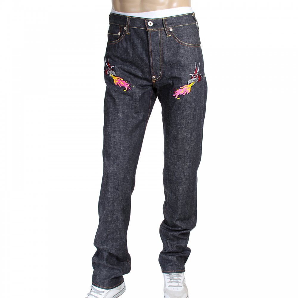 1001 Model Japanese Indigo Selvedge Raw Denim Jeans for Men with Silver and Red Embroidered Hungry Dragon