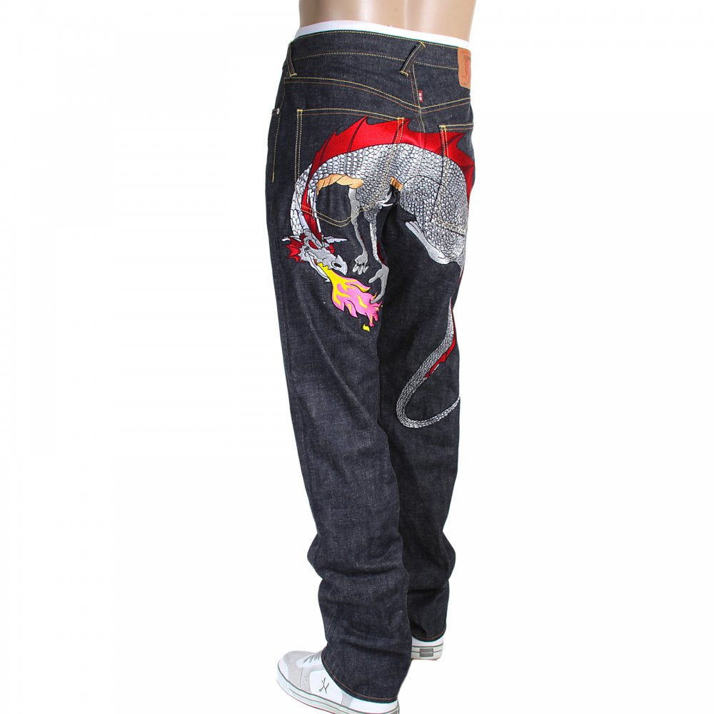 1001 Model Japanese Indigo Selvedge Raw Denim Jeans for Men with Silver and Red Embroidered Hungry Dragon