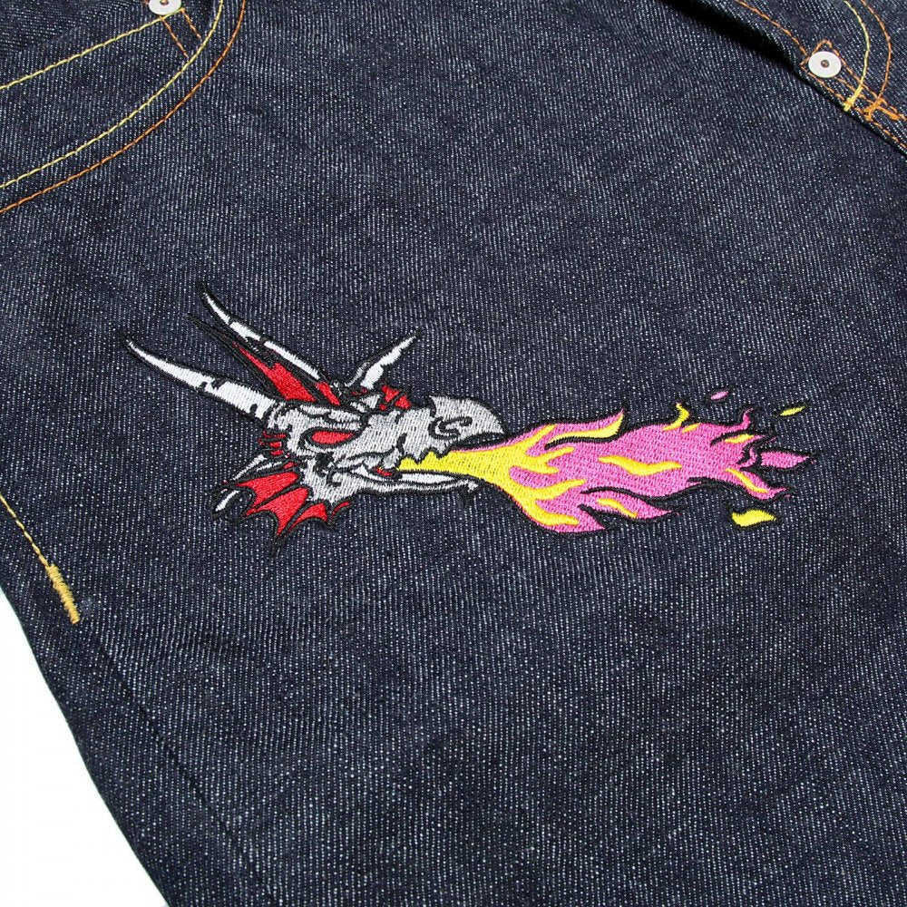 1001 Model Japanese Indigo Selvedge Raw Denim Jeans for Men with Silver and Red Embroidered Hungry Dragon