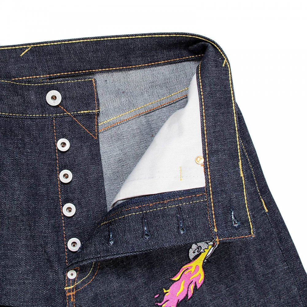 1001 Model Japanese Indigo Selvedge Raw Denim Jeans for Men with Silver and Red Embroidered Hungry Dragon