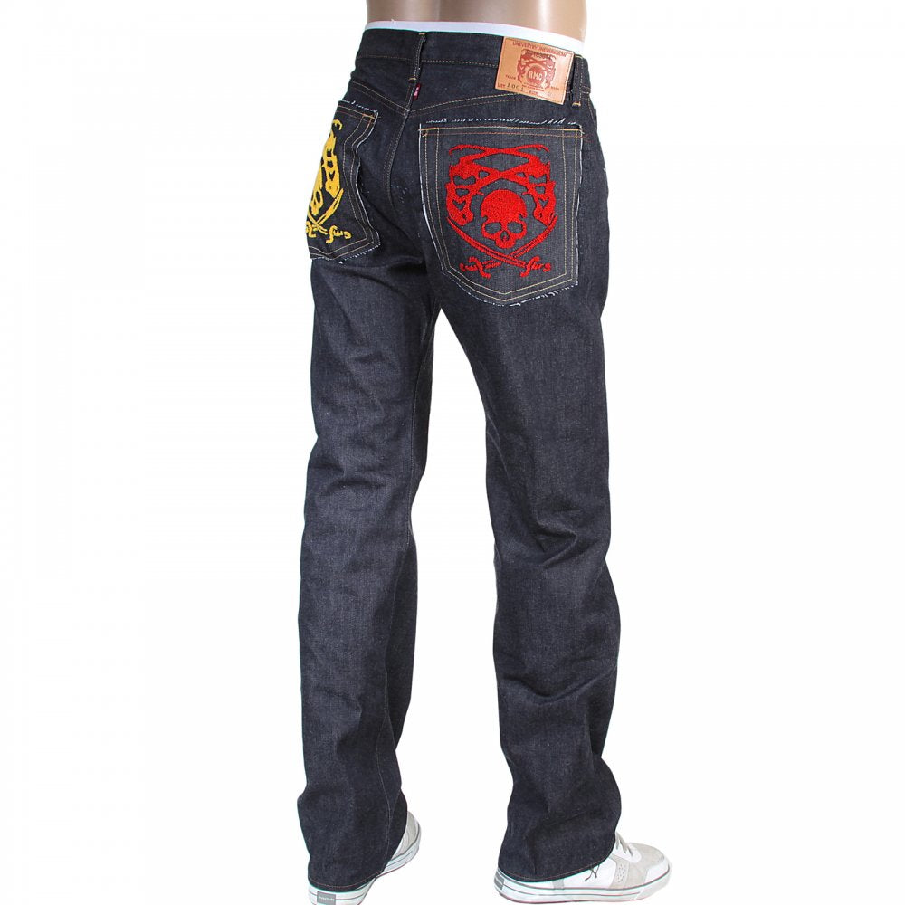 Mens Hand Embroidered Japanese Indigo Selvedge Raw Denim Jeans