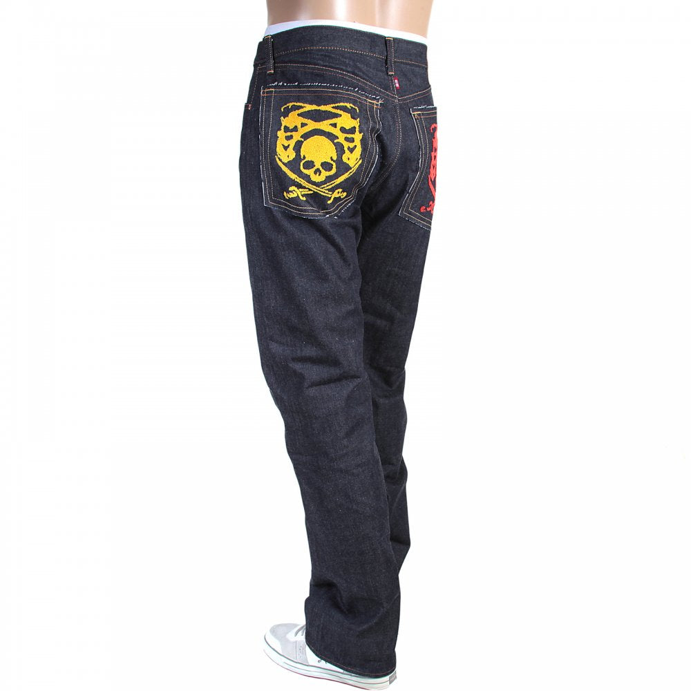 Mens Hand Embroidered Japanese Indigo Selvedge Raw Denim Jeans