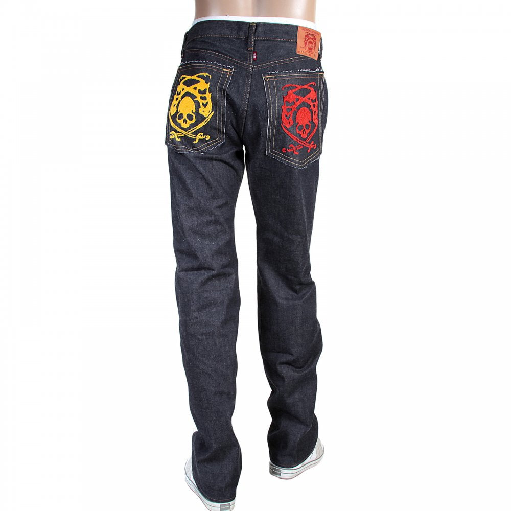 Mens Hand Embroidered Japanese Indigo Selvedge Raw Denim Jeans