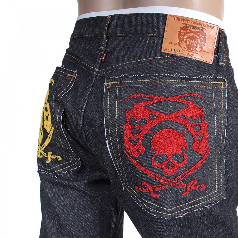 Mens Hand Embroidered Japanese Indigo Selvedge Raw Denim Jeans