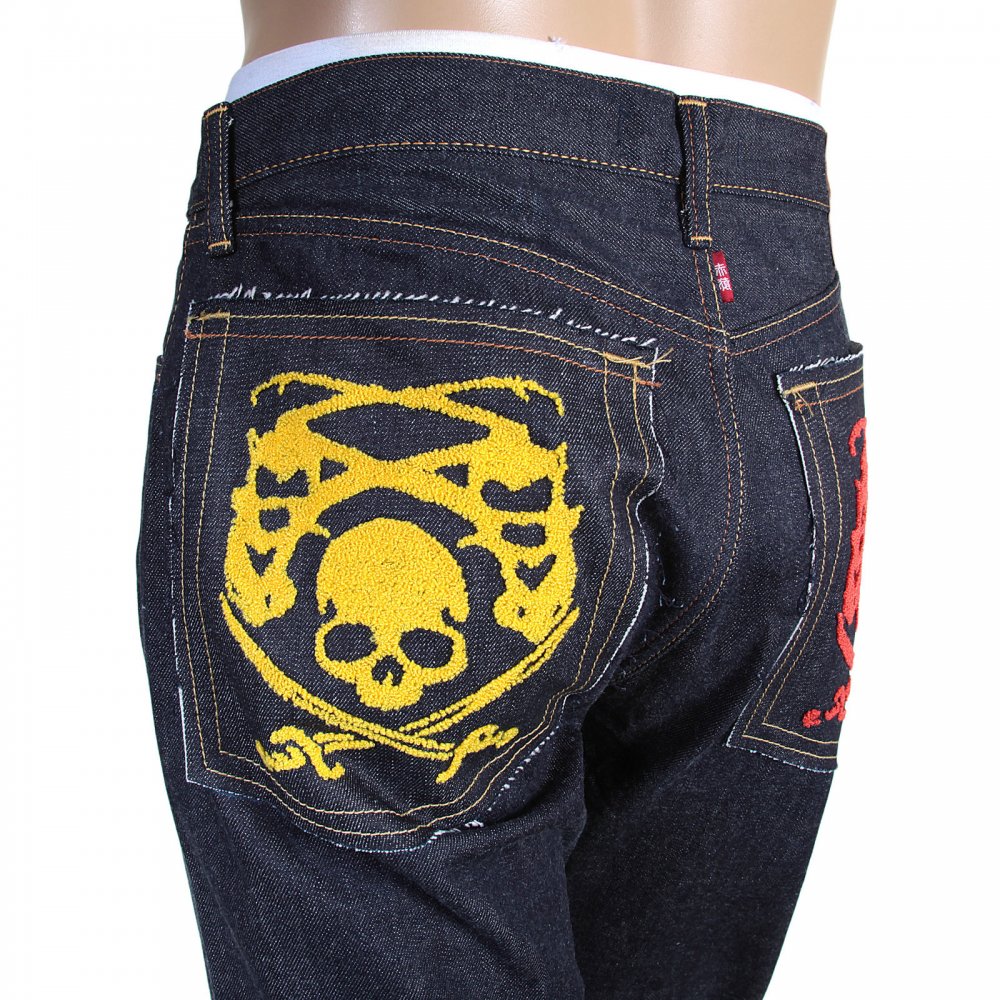 Mens Hand Embroidered Japanese Indigo Selvedge Raw Denim Jeans