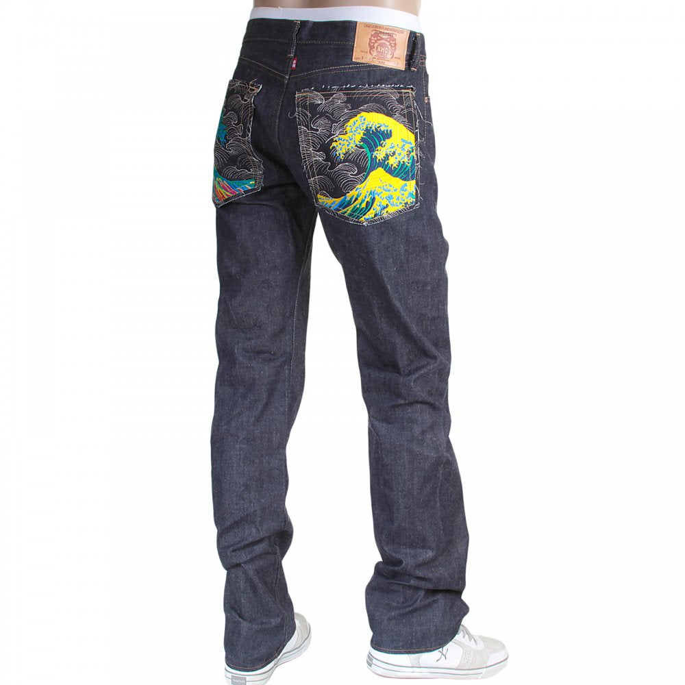 Mens Cotton Slim Cut Japanese Indigo Selvedge Raw Denim Jeans with Multi-coloured Embroidered Large Tsunami Waves