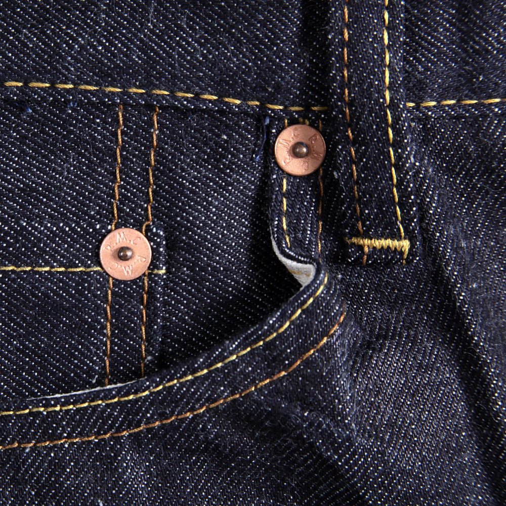 Mens Cotton Slim Cut Japanese Indigo Selvedge Raw Denim Jeans with Multi-coloured Embroidered Large Tsunami Waves