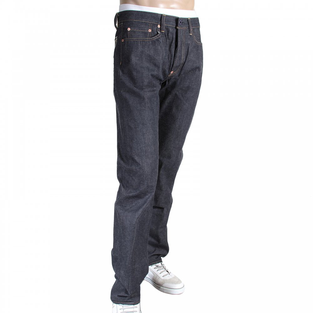 Mens Cotton Slim Cut Japanese Indigo Selvedge Raw Denim Jeans with Multi-coloured Embroidered Large Tsunami Waves