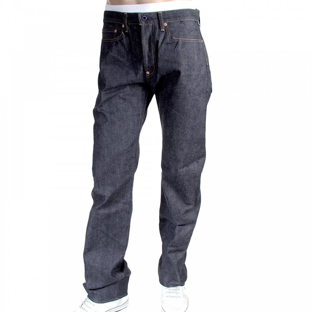 Mens Cotton Slim Cut Japanese Indigo Selvedge Raw Denim Jeans with Multi-coloured Embroidered Large Tsunami Waves