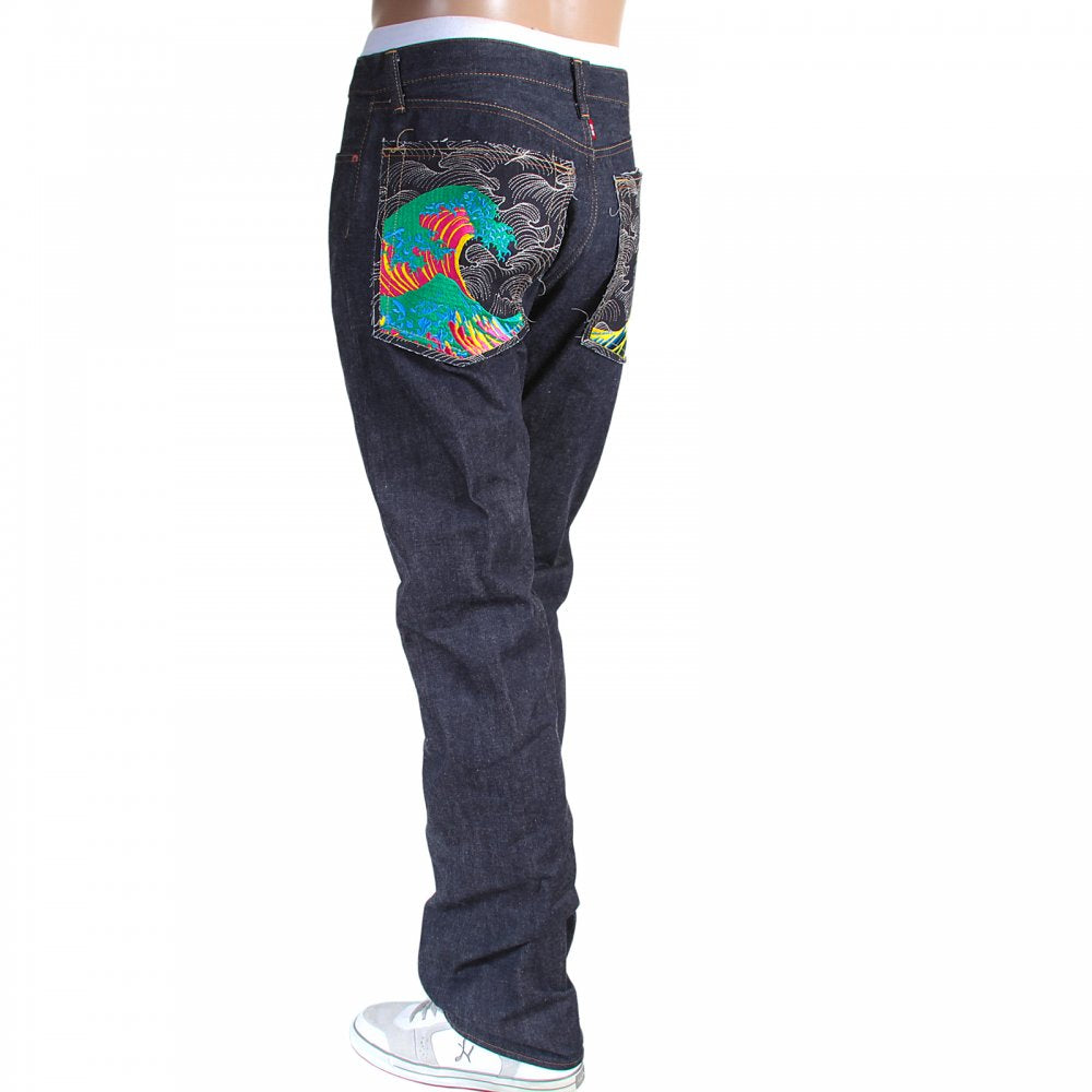Mens Cotton Slim Cut Japanese Indigo Selvedge Raw Denim Jeans with Multi-coloured Embroidered Large Tsunami Waves