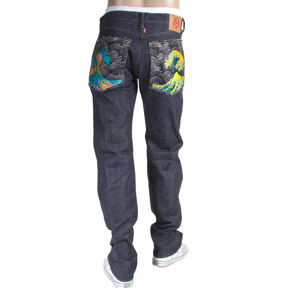 Mens Cotton Slim Cut Japanese Indigo Selvedge Raw Denim Jeans with Multi-coloured Embroidered Large Tsunami Waves