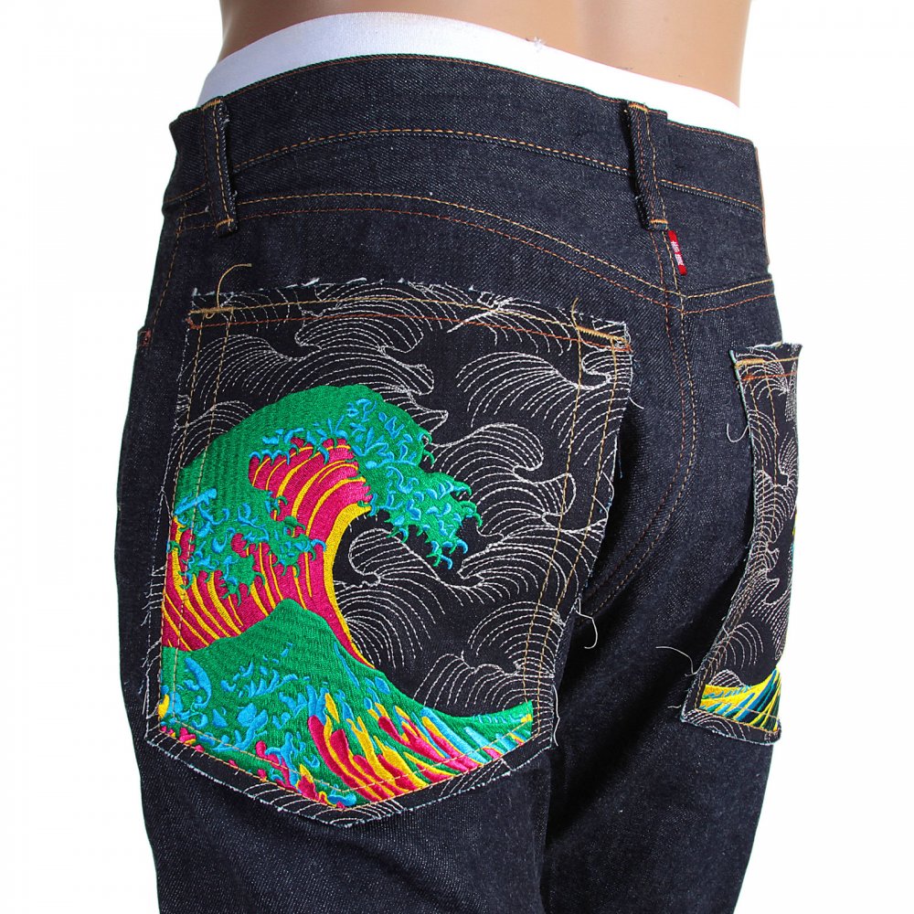 Mens Cotton Slim Cut Japanese Indigo Selvedge Raw Denim Jeans with Multi-coloured Embroidered Large Tsunami Waves