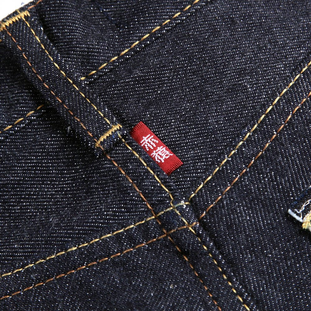Mens Cotton Slim Cut Japanese Indigo Selvedge Raw Denim Jeans with Multi-coloured Embroidered Large Tsunami Waves