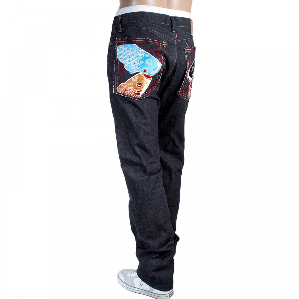 Mens Slim Fit Japanese Indigo Selvedge Raw Denim Jeans with Multicolour Embroidered Carp