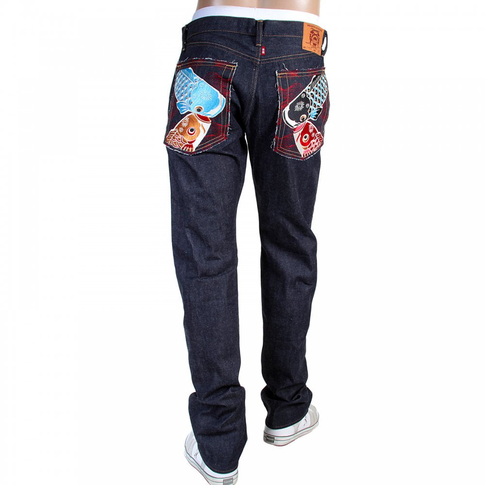 Mens Slim Fit Japanese Indigo Selvedge Raw Denim Jeans with Multicolour Embroidered Carp