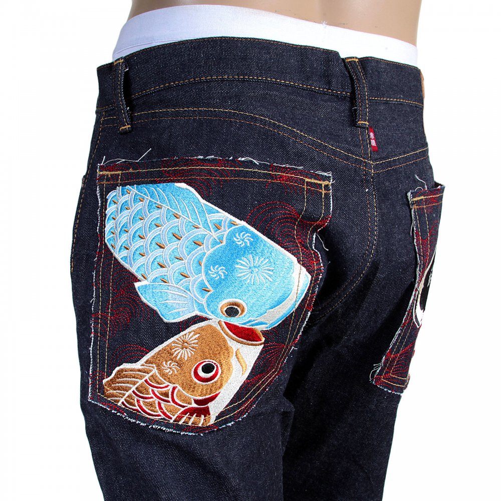 Mens Slim Fit Japanese Indigo Selvedge Raw Denim Jeans with Multicolour Embroidered Carp