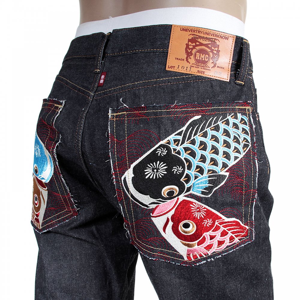 Mens Slim Fit Japanese Indigo Selvedge Raw Denim Jeans with Multicolour Embroidered Carp