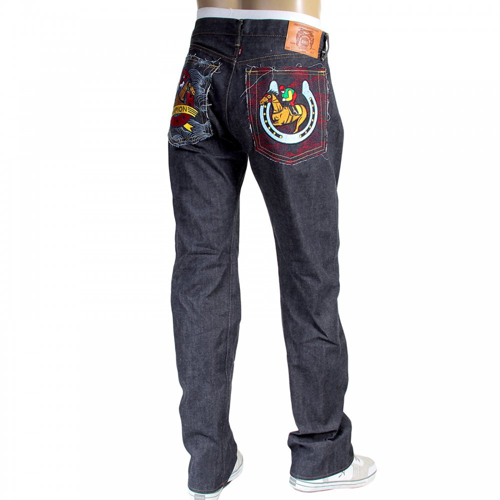 Japanese Indigo Selvedge Raw Mens Denim Jeans with Embroidered Jockey and Horseshoe