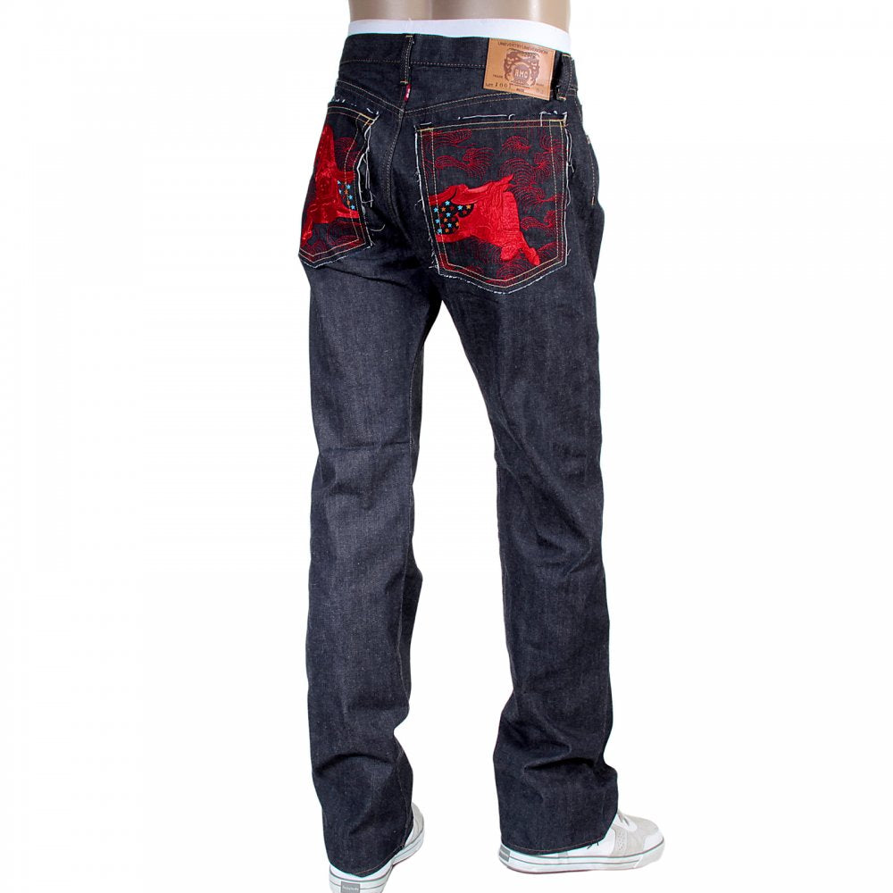 Japanese Indigo Selvedge Raw Denim Jeans for Men with Red Embroidered Lucky Horse