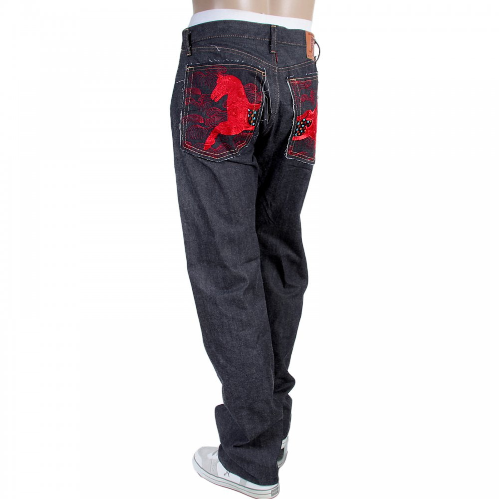 Japanese Indigo Selvedge Raw Denim Jeans for Men with Red Embroidered Lucky Horse