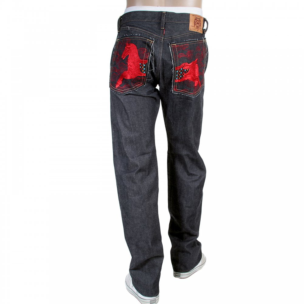 Japanese Indigo Selvedge Raw Denim Jeans for Men with Red Embroidered Lucky Horse